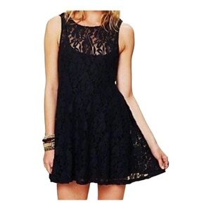 Free People Miles Of Lace Black sheer  Mini Skater Dress S
